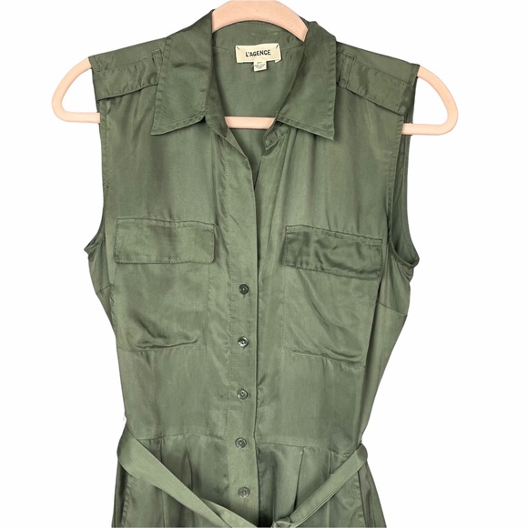 L’agence Evelyn Silky Olive Green Military Dress Short Sleeve XS - Picture 5 of 9